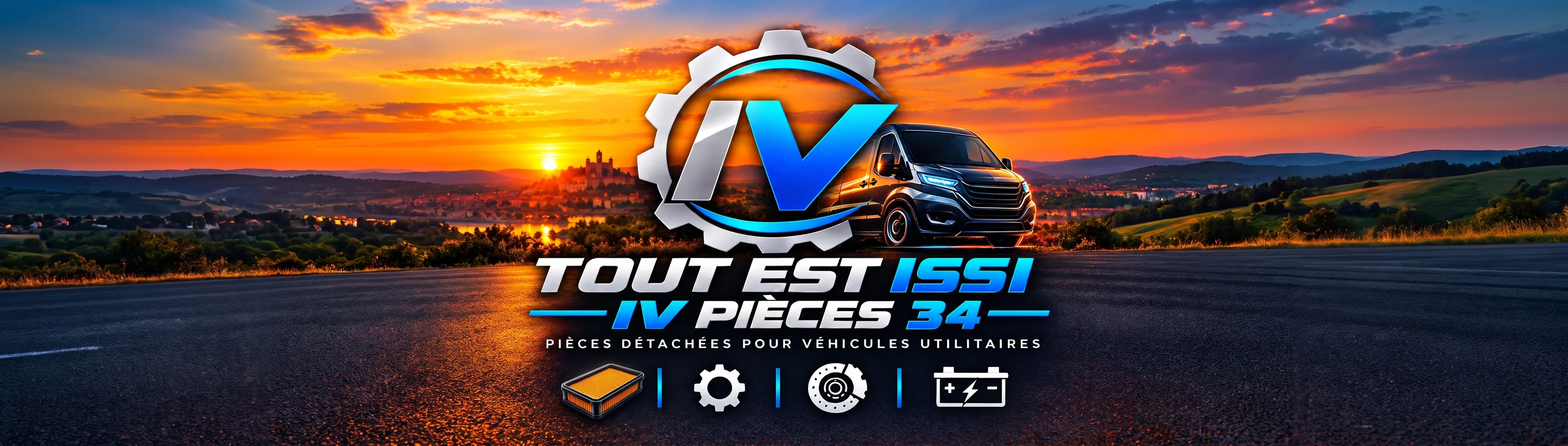 Logo Tout est Issi, IV Pièces 34, pièces détachées pour véhicules utilitaires, devant un fourgon au coucher du soleil